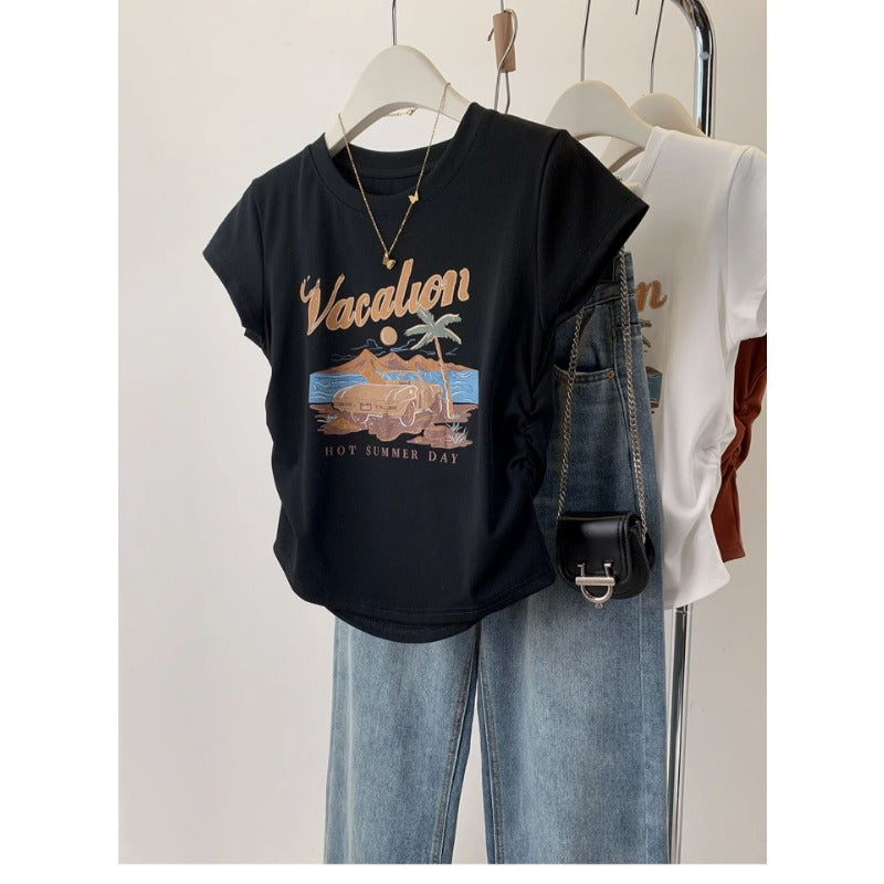 Pure cotton American retro print front shoulder short-sleeved t-shirt women's summer spice slim and thin pleated short top ins