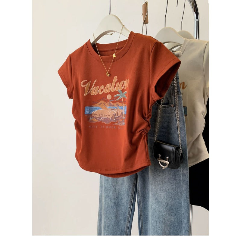 Pure cotton American retro print front shoulder short-sleeved t-shirt women's summer spice slim and thin pleated short top ins