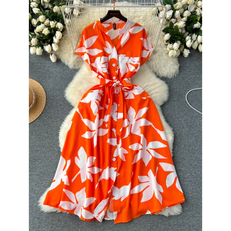 European and American style holiday dress women's 2025 new design sense printing strap waist thin medium and long knee skirt