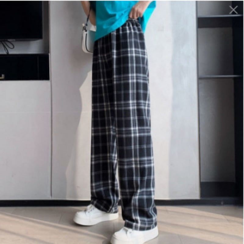 Thin plaid pants women's spring draped straight pants pink loose small pajama pants high waist plaid wide leg pants