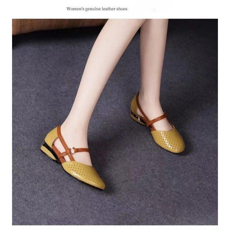 2025 new summer bag head sandals women's soft leather soft sole women's shoes flat sole single shoes low heel round head mother shoes