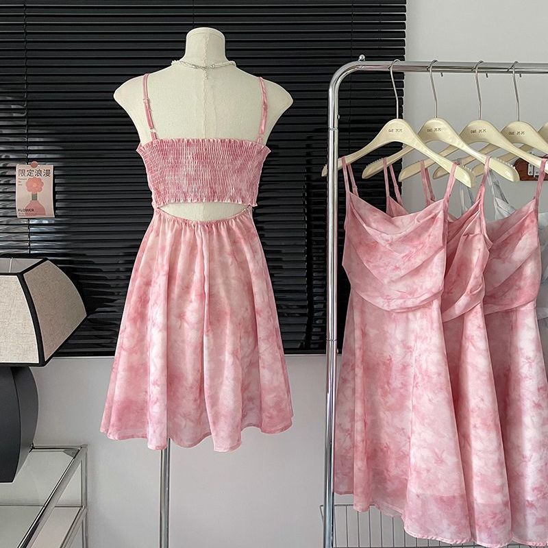 French gentle wind floral suspender dress women's summer temperament waist thin chiffon skirt design sense new