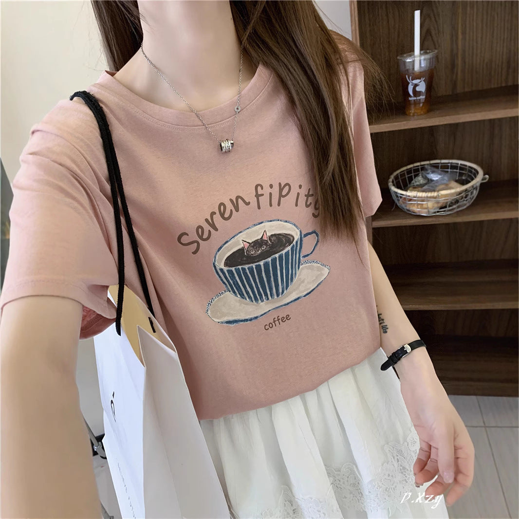 BK summer new Korean version casual women's short-sleeved crew neck T-shirt simple and cute cartoon thin cotton shirt women's versatile