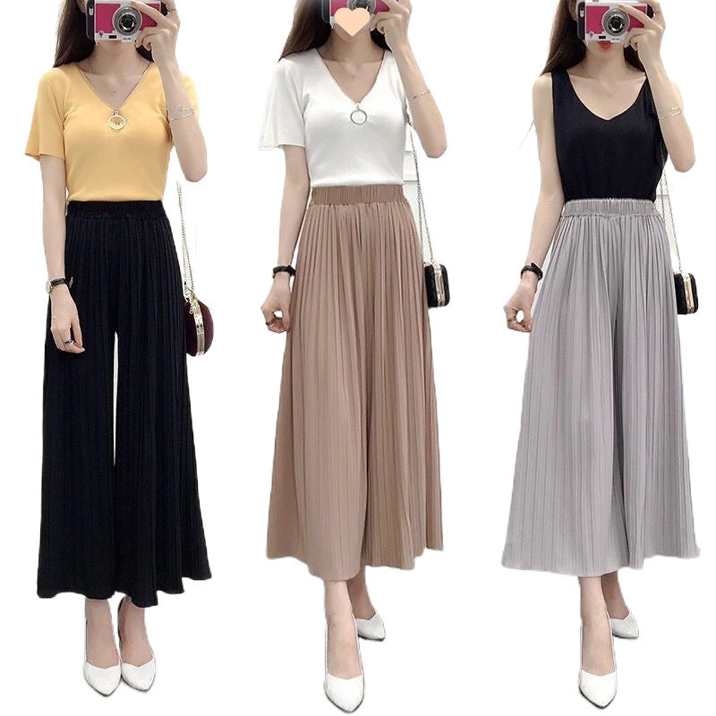 Chiffon wide-leg pants women's summer fashion high waist loose large size pleated skirt pants seven-point casual pants children's temperament versatile