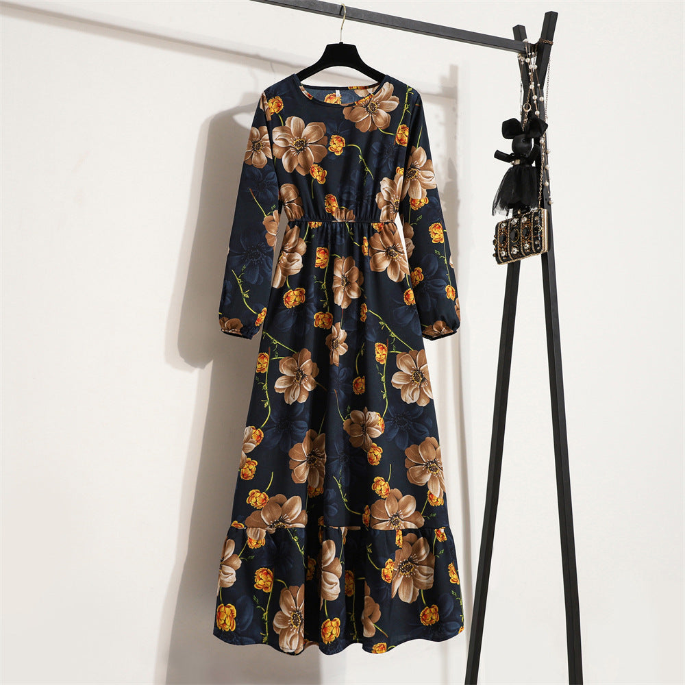 2025 spring new European and American floral long dress round neck long sleeve waist thin A-shaped dress