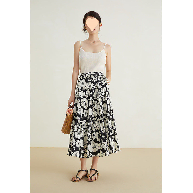 Small big pendulum skirt women's 2025 summer new retro printing meat coverings and thin medium and long skirts