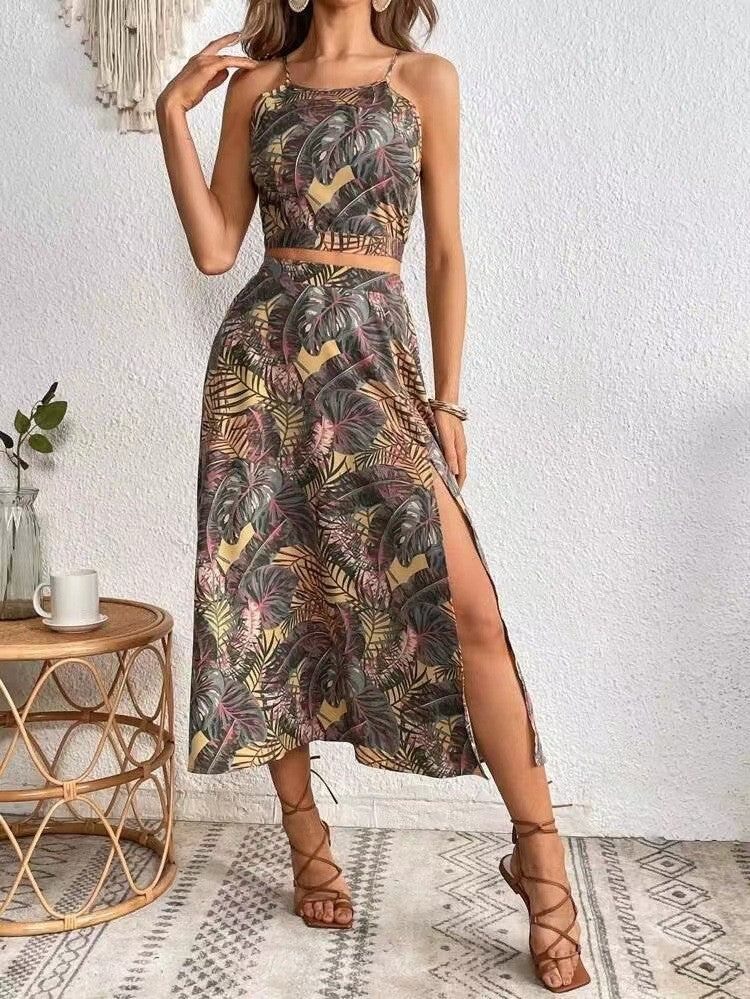 Amazon Tropical Print Camisole Top Sexy Slit Skirt Set
