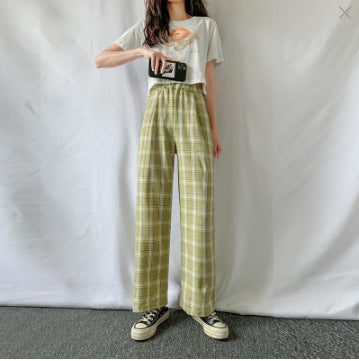 Thin plaid pants women's spring draped straight pants pink loose small pajama pants high waist plaid wide leg pants