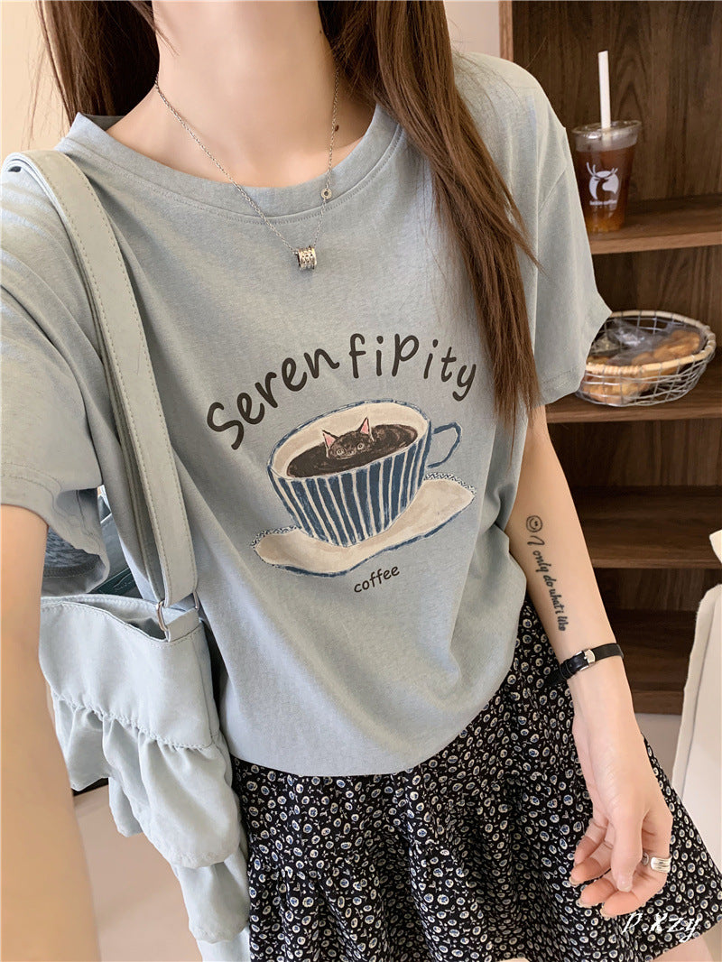 BK summer new Korean version casual women's short-sleeved crew neck T-shirt simple and cute cartoon thin cotton shirt women's versatile