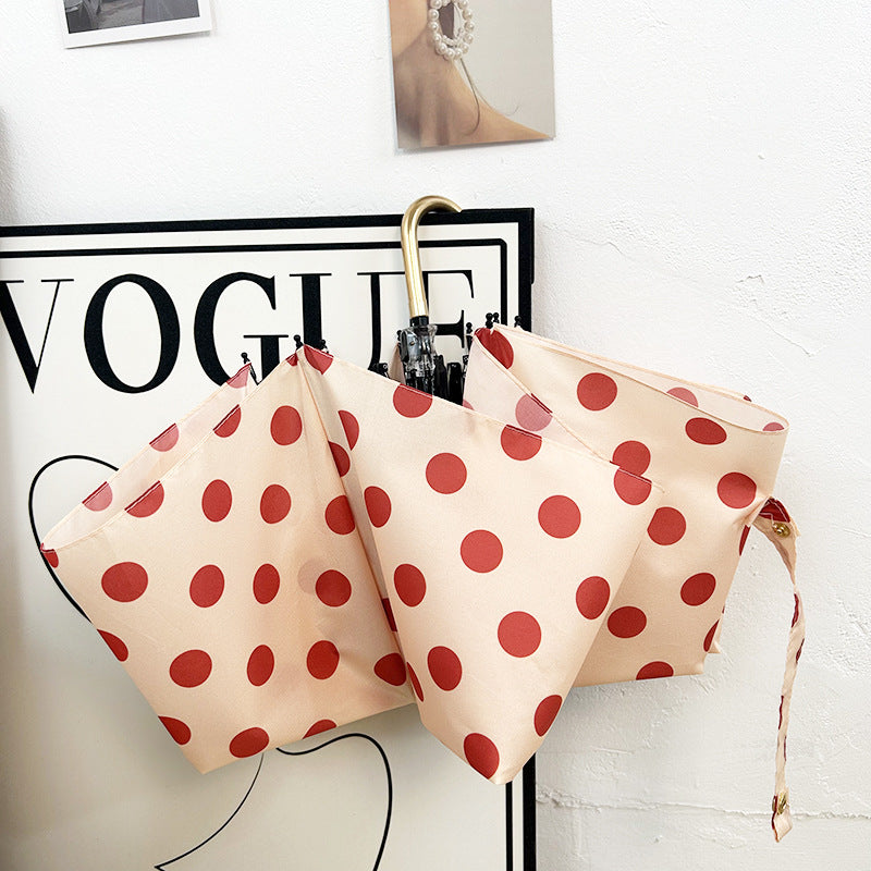 Round polka dot curved hook handle burgundy weather and rain parasol sun protection UV protection new folding sun umbrella vinyl