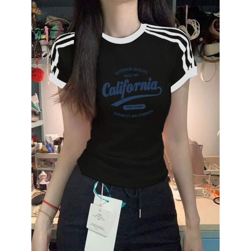 American three-bar striped short-sleeved T-shirt women's retro Japanese thin sweet and spicy summer new front shoulder short ins top