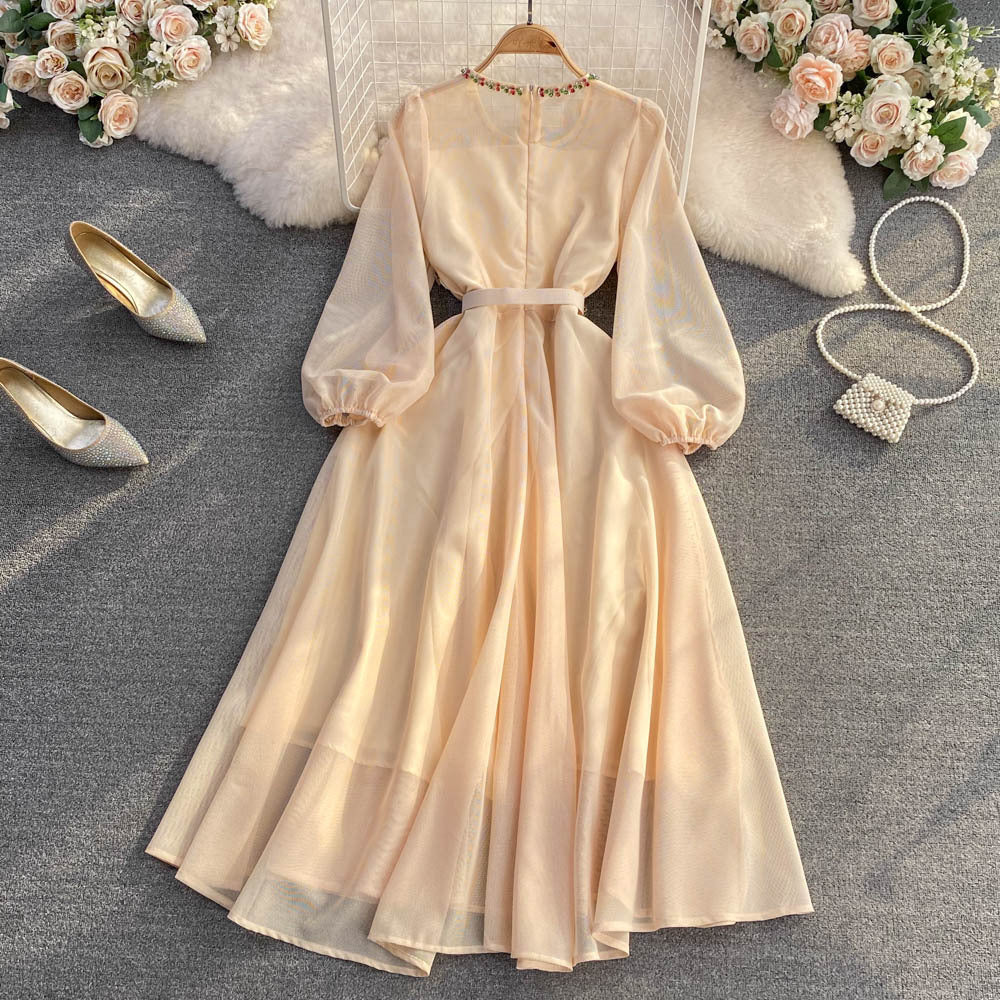 Light luxury temperament round neck big pendulum bubble long sleeves elegant waist thin a word dress inlaid with diamonds long dress
