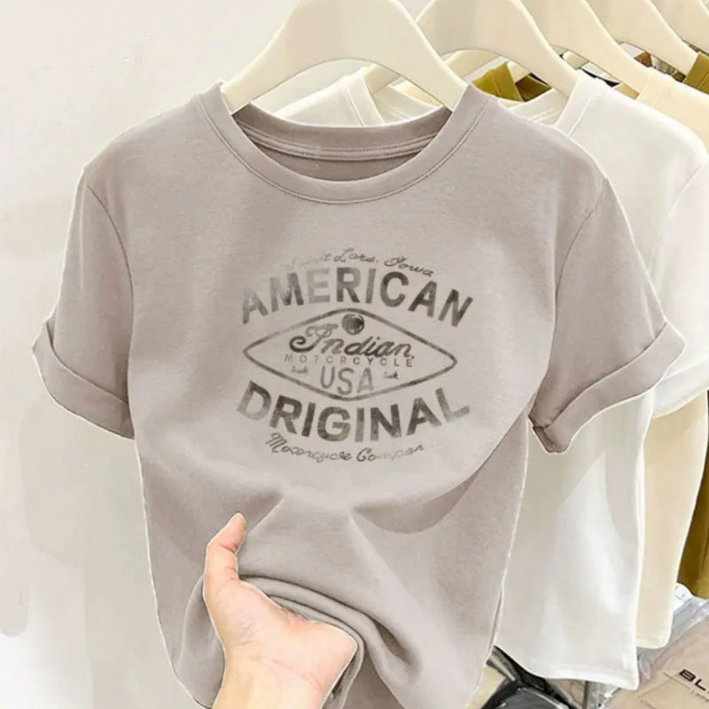 Cotton design round neck printed short-sleeved shirt for women summer slim fit all-match tops