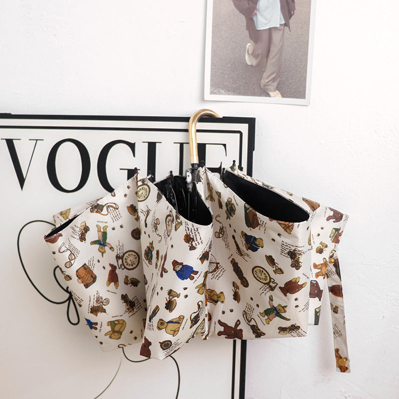 Round polka dot curved hook handle burgundy weather and rain parasol sun protection UV protection new folding sun umbrella vinyl