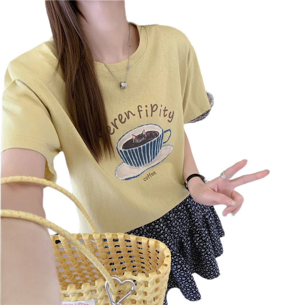 BK summer new Korean version casual women's short-sleeved crew neck T-shirt simple and cute cartoon thin cotton shirt women's versatile