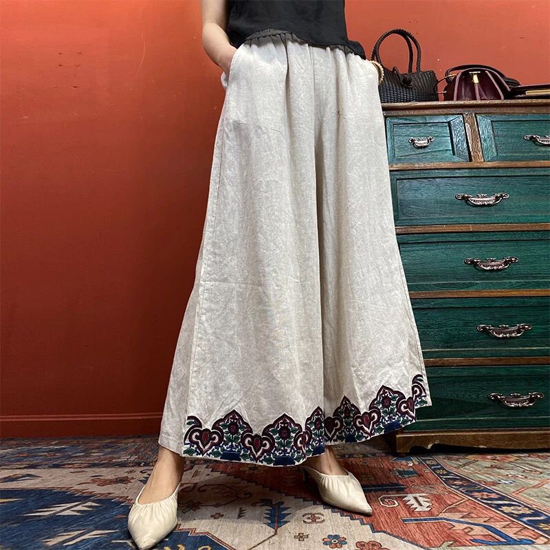 Ethnic style pants fashion Chinese style embroidered wide-leg pants retro versatile personality nine-point pants women