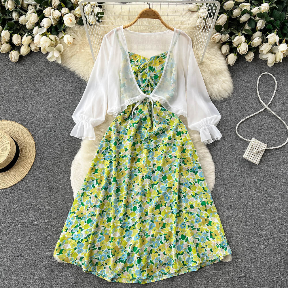 French retro age-reducing bell-covering and thin floral suspender dress chiffon shawl jacket sweet temperament two-piece set