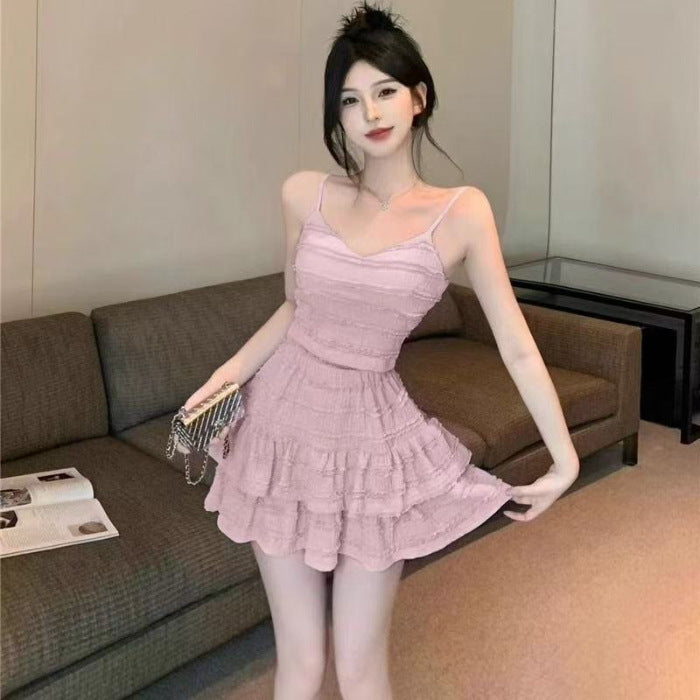 Spice girl two-piece suit skirt women's summer 2025 new short suspender lace top high waist cake skirt