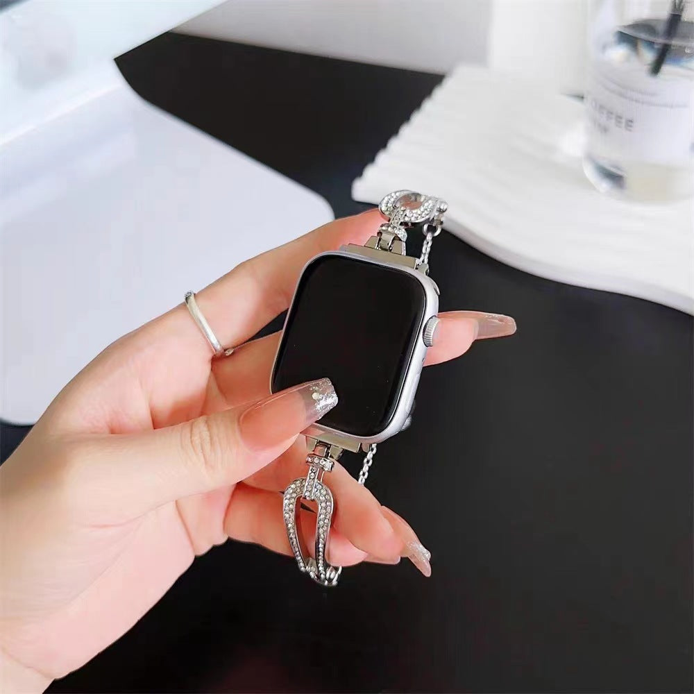 Applicable to Apple Watch Horseshoe Buckle U-shaped Full Diamond Bracelet i watch678s9 Chain Watch Strap