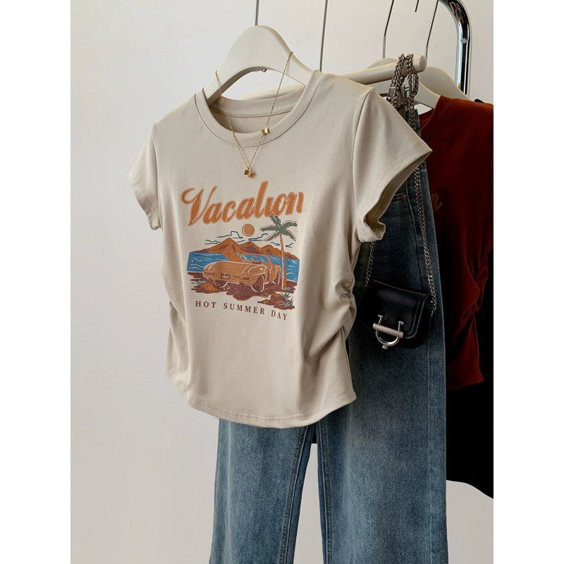 American retro printed front shoulder short-sleeved T-shirt for women's summer spice slim and thin pleated short top i