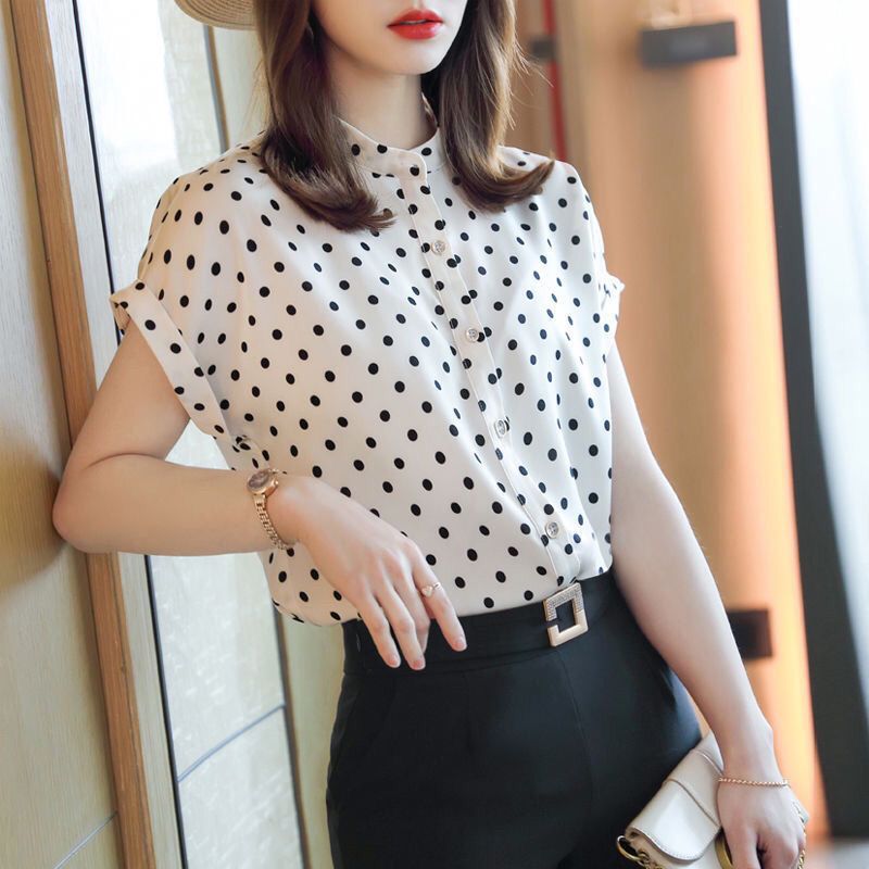 Polka dot top chiffon shirt stand-up collar shirt women's clothing 2025 new summer short-sleeved fashion Muse shirt short-sleeved women