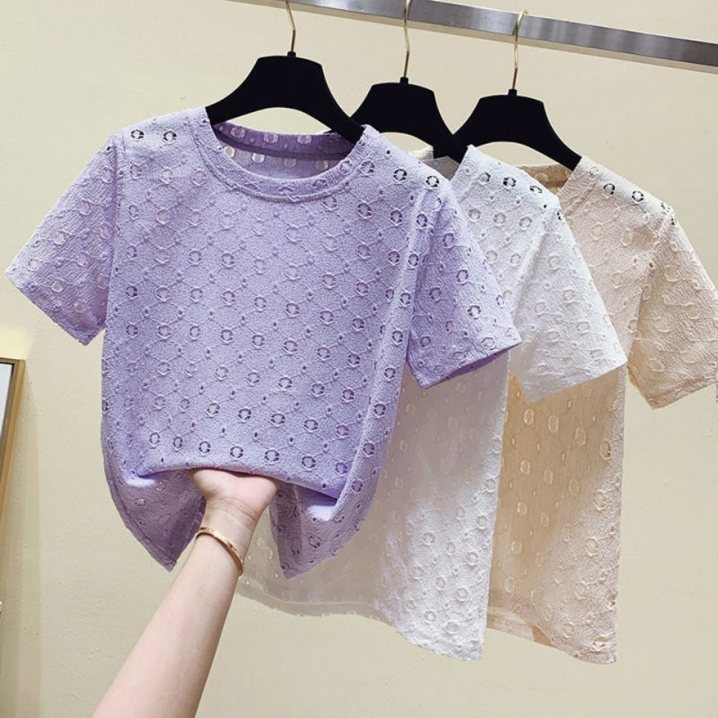 Summer 2025 New Lace Hollow Foreign Style Fashion Women's T-Shirt Short Sleeve Crew Neck