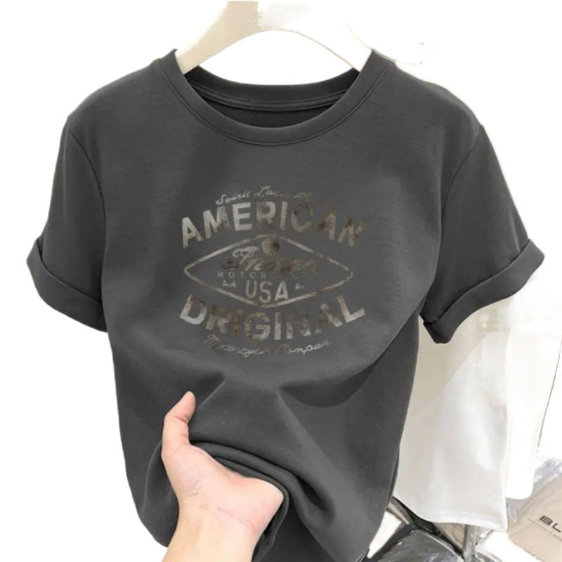 Cotton design round neck printed short-sleeved shirt for women summer slim fit all-match tops