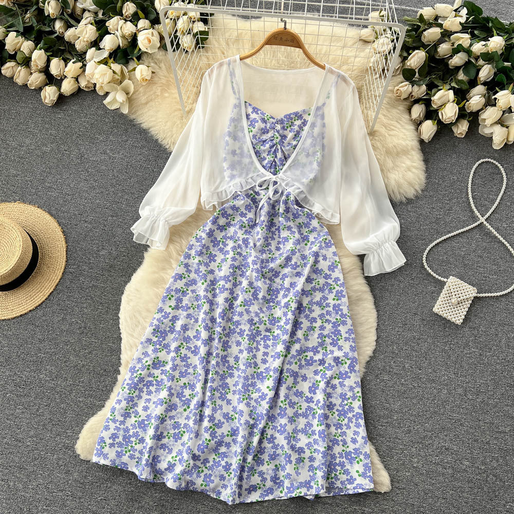 French retro age-reducing bell-covering and thin floral suspender dress chiffon shawl jacket sweet temperament two-piece set