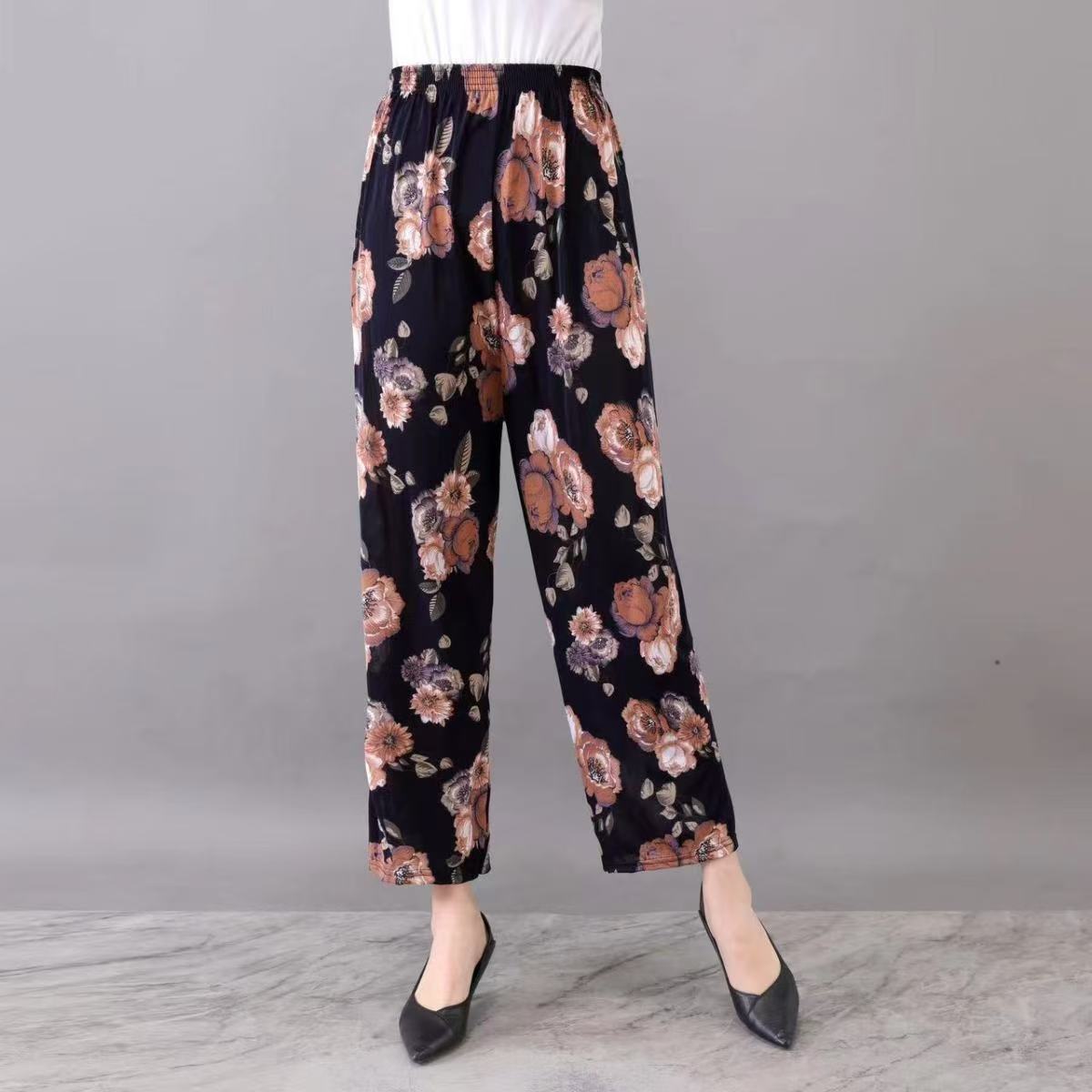Summer wholesale women's middle-aged and elderly casual loose elastic ice silk pants breathable and fattened mother nine-point pants