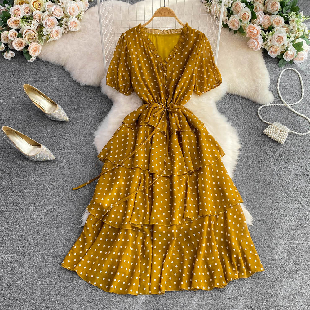 Summer gentle wind collar bubble short sleeves waist thin polka dot dress elegant temperament big pendulum long skirt