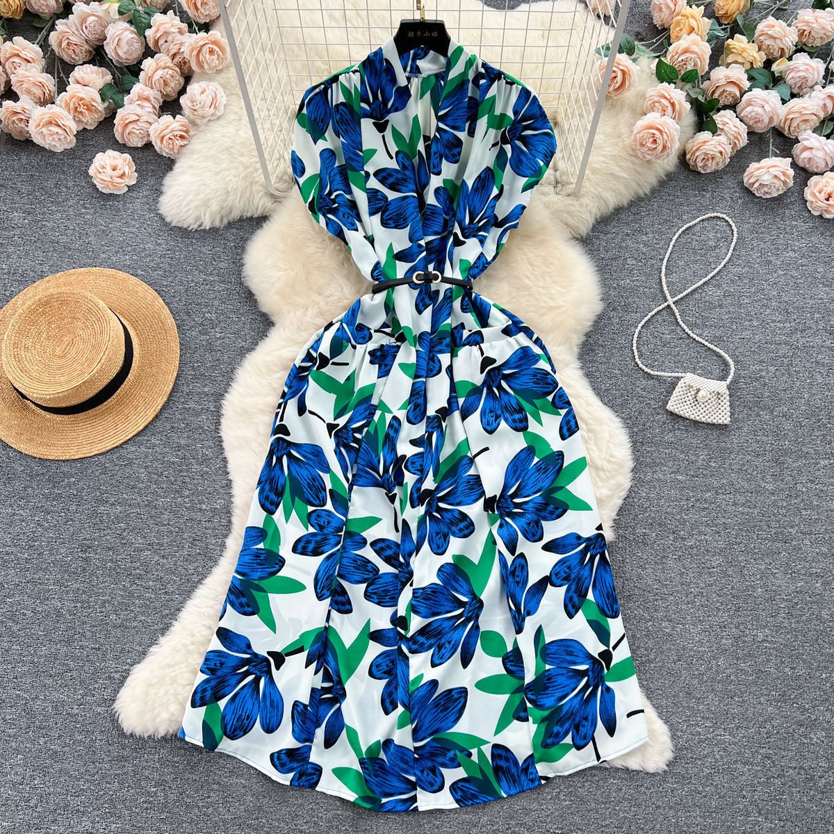 Retro collar print dress women's spring and autumn French space-up waist loose and thin medium and long shirt skirt