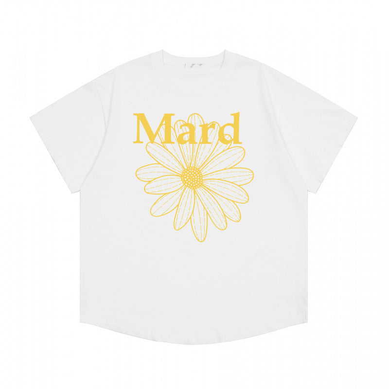 Korean trendy brand short-sleeved small daisy dachshund dog print summer round neck pure cotton gold high silver same loose T-shirt women