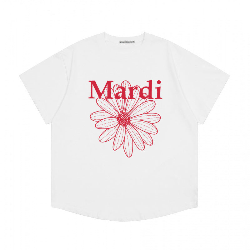 Korean trendy brand short-sleeved small daisy dachshund dog print summer round neck pure cotton gold high silver same loose T-shirt women