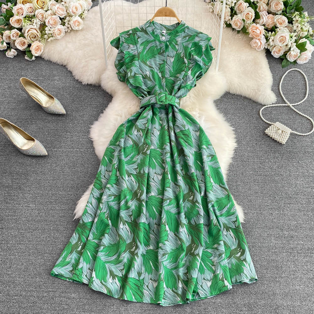 Gentle wind stand-up collar waist and thin printed A-word big pendulum dress 2025 summer high waist elegant temperament long dress