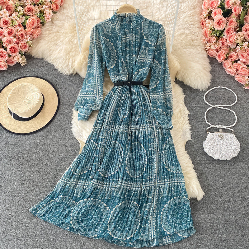 Seaside vacation stand-up collar pleated dress spring and autumn new foreign style lantern sleeves waist and thin printed big swing dress