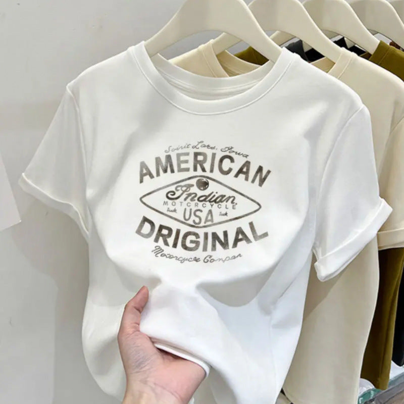 Cotton design round neck printed short-sleeved shirt for women summer slim fit all-match tops