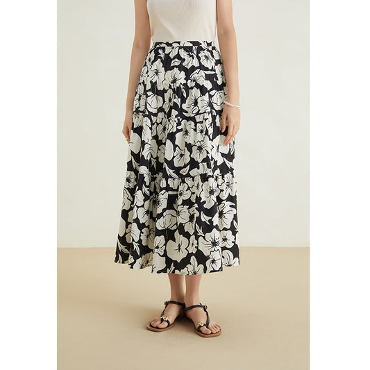 Small big pendulum skirt women's 2025 summer new retro printing meat coverings and thin medium and long skirts