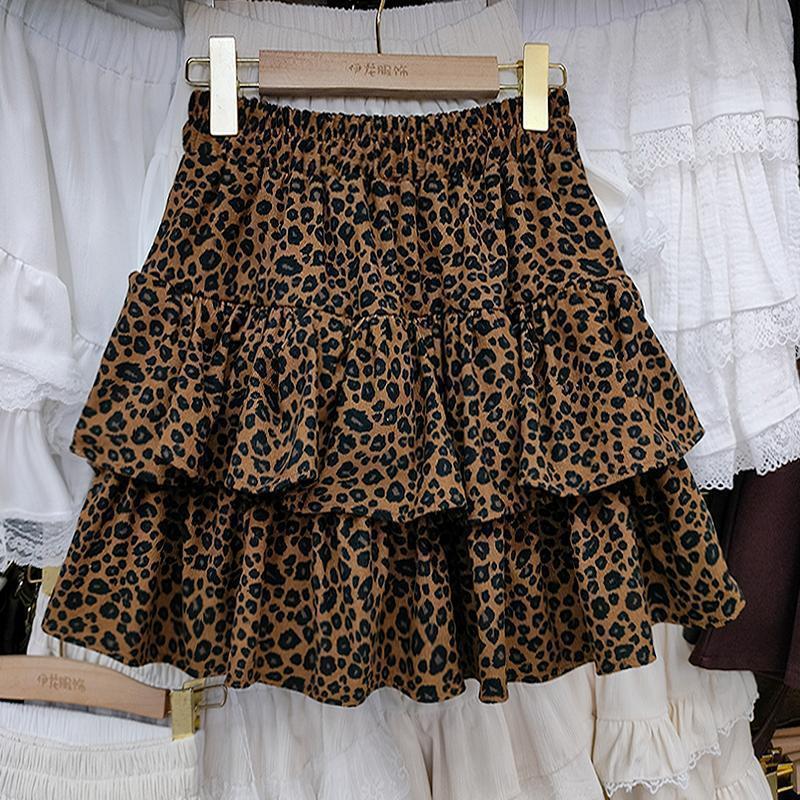 Leopard print short skirt elastic new 2025 spring and summer skirt small high waist pleated skirt short puffy cake