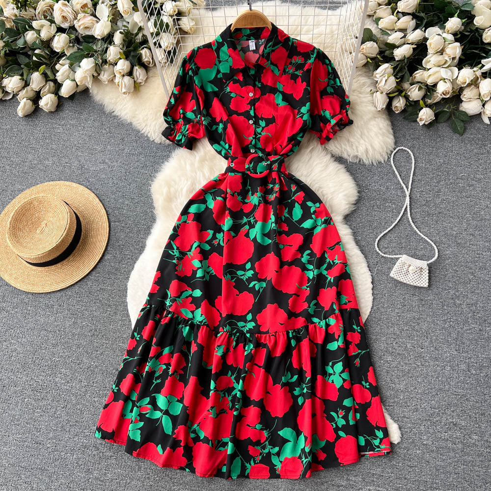 French high-end floral dress women's summer retro style lapel bubble sleeve temperament super fairy coffee break lisianthus skirt