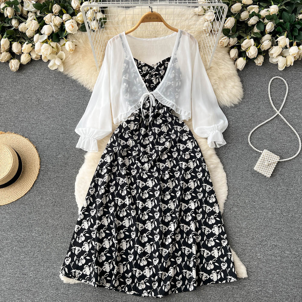 French retro age-reducing bell-covering and thin floral suspender dress chiffon shawl jacket sweet temperament two-piece set