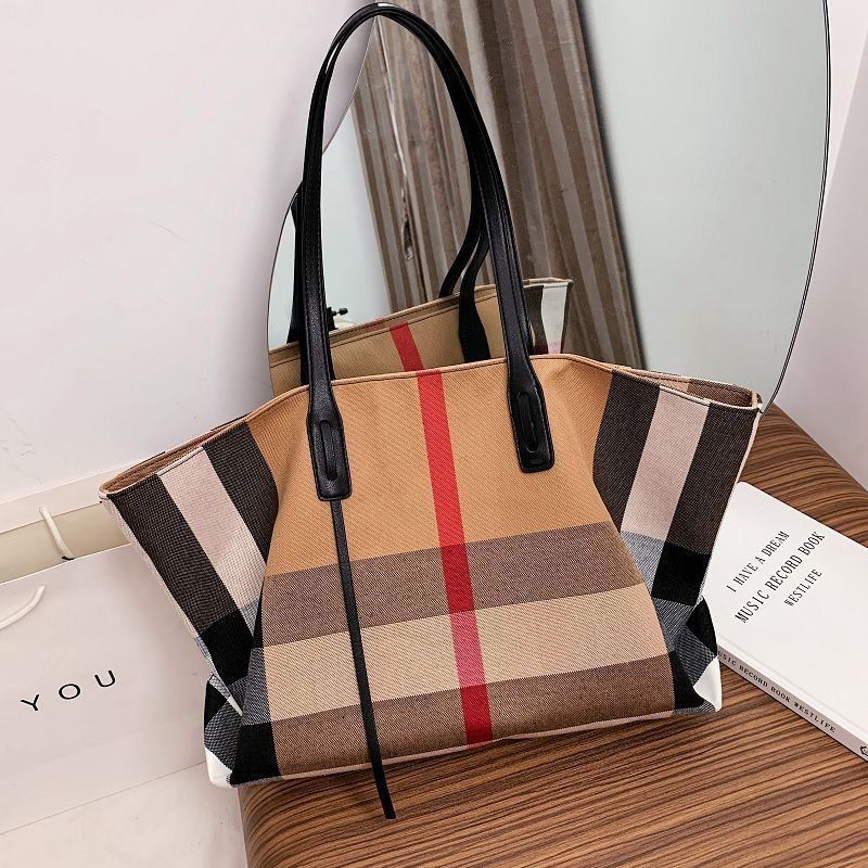 Large capacity bag women's 2025 plaid PU tote bag foreign style shoulder handbag women's college style fashion trend