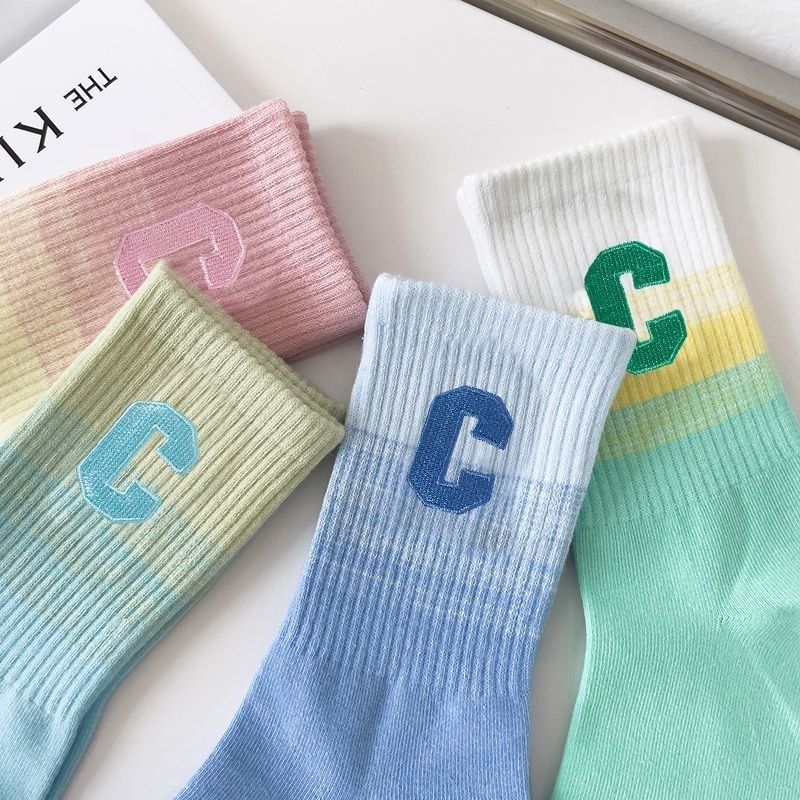Spring Mid-Calf Sports Socks - Gradient Letter Design, Sweat-Wicking, Breathable, Dopamine Style Unisex Casual Socks