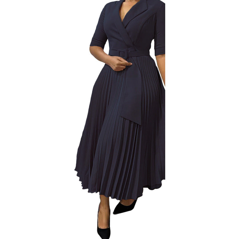 2025 new fashion foreign trade women's clothing suit collar fashion strap waist pleated dress