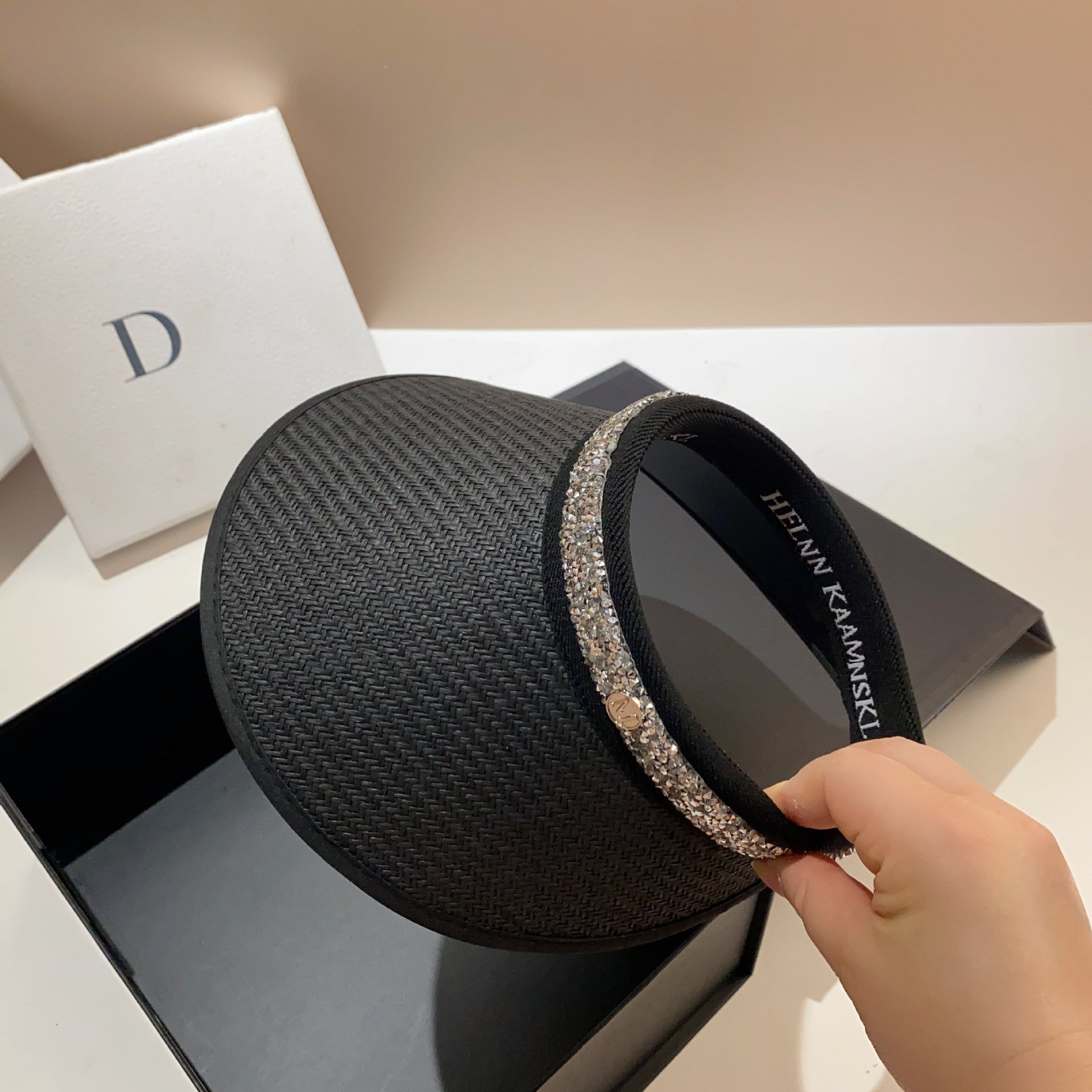 Summer vinyl straw double-layer sunscreen empty top hat fashionable and simple rhinestone fine flash trendy sunshade topless cap