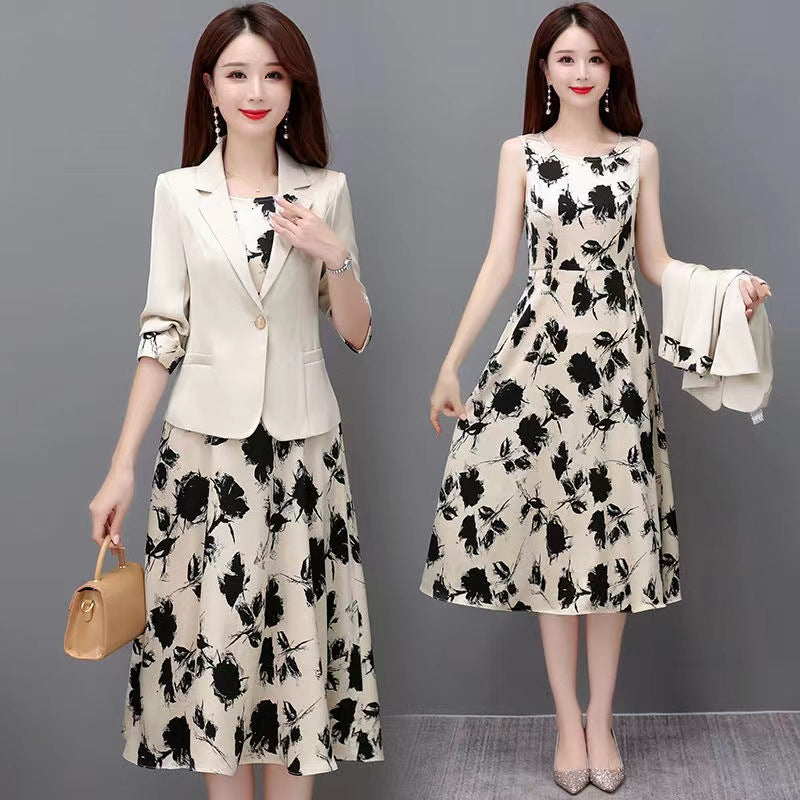 Small suit two-piece spring and autumn vest dress women's 2025 summer new temperament thin suit floral skirt