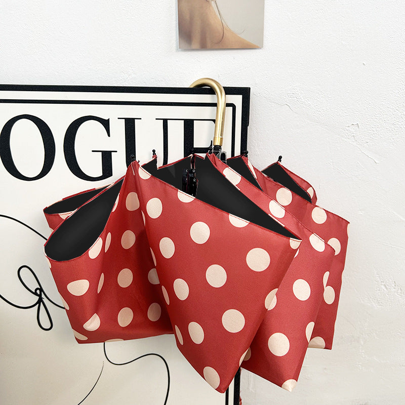 Round polka dot curved hook handle burgundy weather and rain parasol sun protection UV protection new folding sun umbrella vinyl