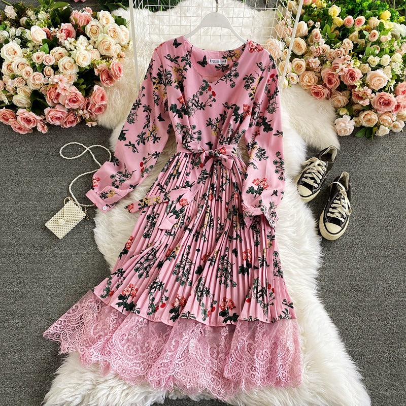 Retro floral V-neck waist thin lace splicing pleated dress color fashion temperament big pendulum long skirt