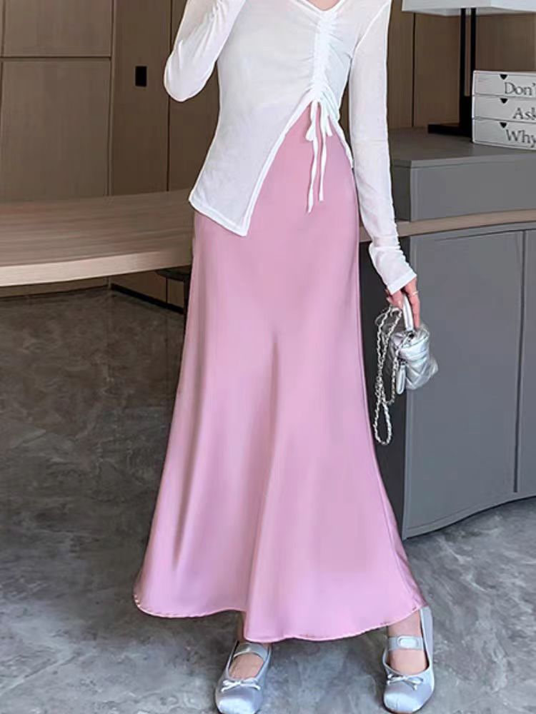 French retro acetic acid satin skirt women's summer high waist hip-wrapped fishtail long skirt high sense thin big swing skirt