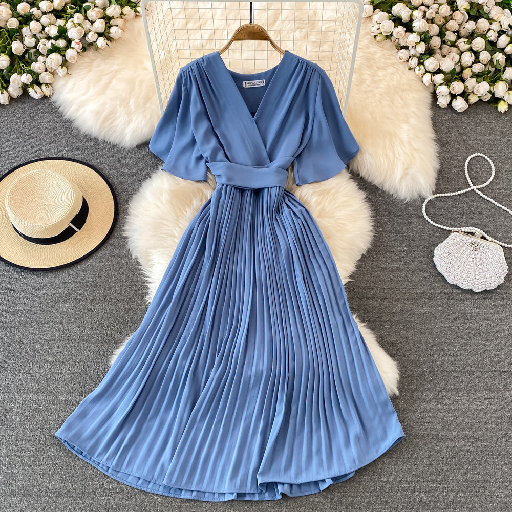 2025 summer new V-neck short-sleeved dress over the knee slim temperament waist lace-up big pendulum pleated long dress