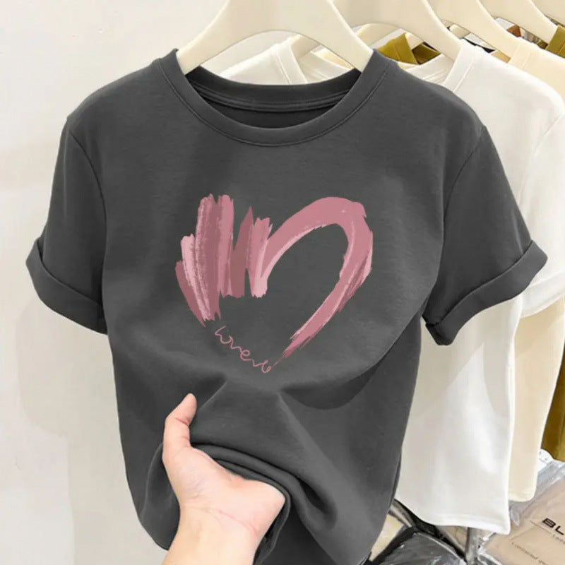 Cotton design round neck printed short-sleeved shirt for women summer slim fit all-match tops